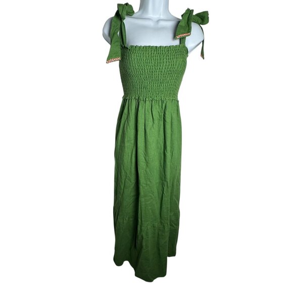 Caryn Lawn Linen Blend Lily Dress Green Midi Smocked Bodice Bow Straps small - Picture 2 of 9